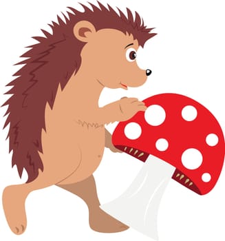 Cartoon hedgehog is playing with a mushroom