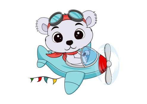 Cute cartoon bear flying on a plane isolated on white background