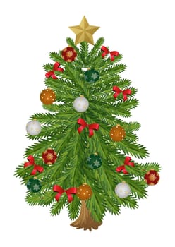 Realistic Christmas Tree With Decoration On White Background Vector
