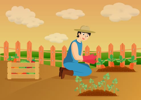 The farmer in the garden with his vegetable harvest