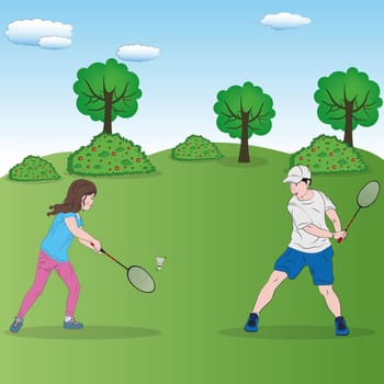 Two children are playing tennis