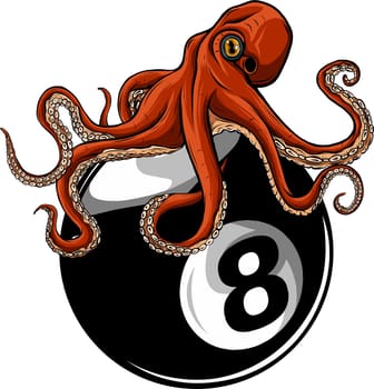 red kraken octopus on eight ball of biliard vector illustration on white background. digital hand draw