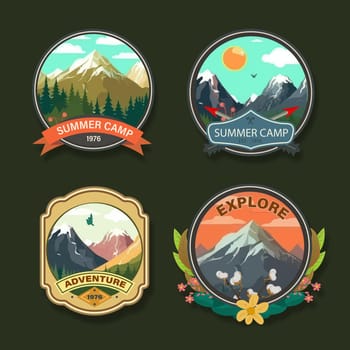 Set of four mountain travel emblems. Camping outdoor adventure emblems, badges and logo patches. Mountain tourism, hiking.
