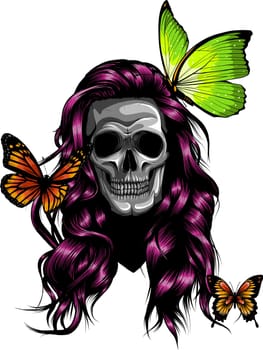 woman Skull with long hair and colored butterflies hand drawn vector illustration.