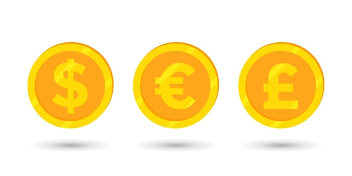 Gold coins dollar, euro and pound. Business icons