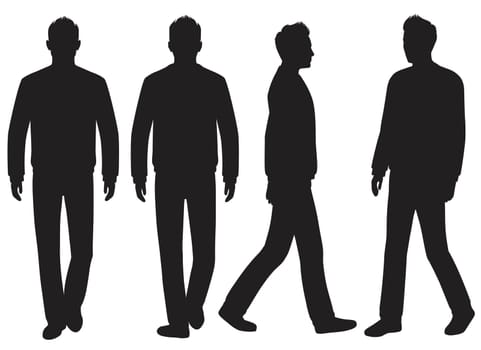 fashion silhouette man isolated walking, front, back and side view, vector illustration
