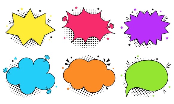 Collection colorful of empty comic speech bubbles with halftone shadows. Hand drawn retro cartoon stickers. Pop art style. Vector illustration