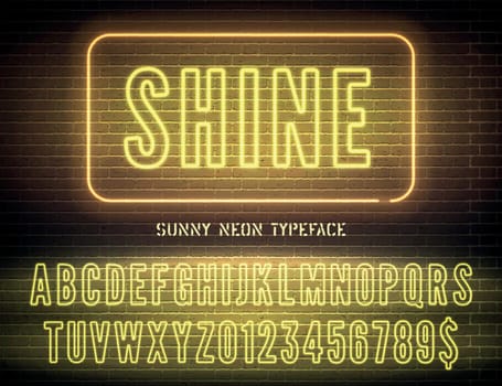 Yellow neon font and vector Shine night light sign