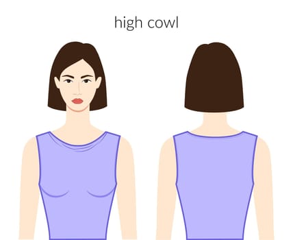 High cowl neckline clothes character beautiful lady in lavanda top, shirt, dress technical fashion illustration fitted