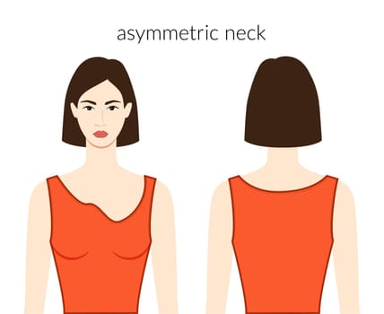 Asymmetric neckline clothes character beautiful lady in orange top, shirt, dress technical fashion illustration fitted