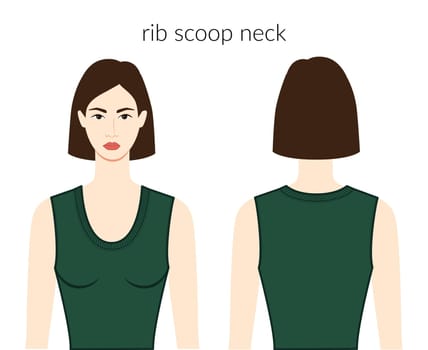 Rib scoop neckline clothes knits, sweaters character beautiful lady in emerald top, dress technical fashion illustration