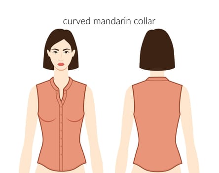 Curved mandarin neckline collars, plackets clothes character beautiful lady in terracota top, shirt, dress technical