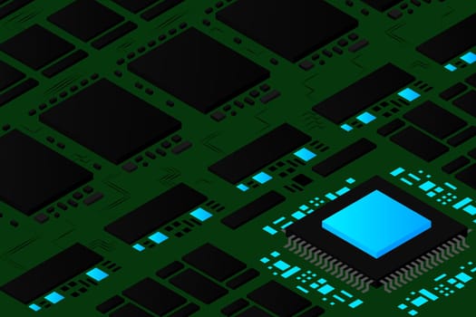 Artificial intelligence micro chip illustration. Quantum computing. PC mainboard illustration background