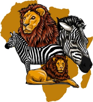 vector illustration of lion and zebra in africa