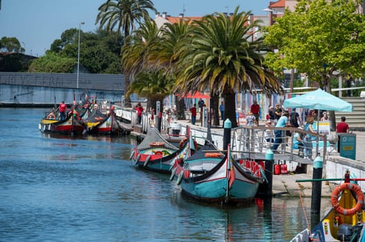 Aveiro, Portugal. 2022 May 12 . Traditional boats in the canal of Aveiro, Portugal. The colorful Moliceiro de Aveiro boat tours are popular with tourists to enjoy views of the charming canals. Aveiro, Portugal.