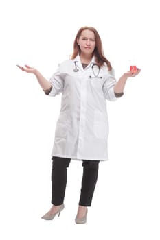 mature female doctor with a laboratory flask.