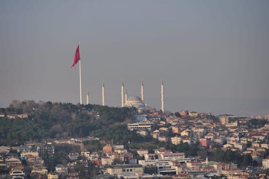 high angle view of Camlica Mosque and turkey flag