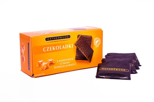 Ukraine, Khmelnitsky 29.03.2023. Polish chocolates with salted caramel. Sweets