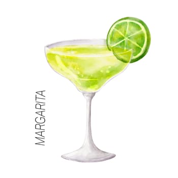 Lime Margarita cocktail. Watercolor illustration of drink in glass isolated on white