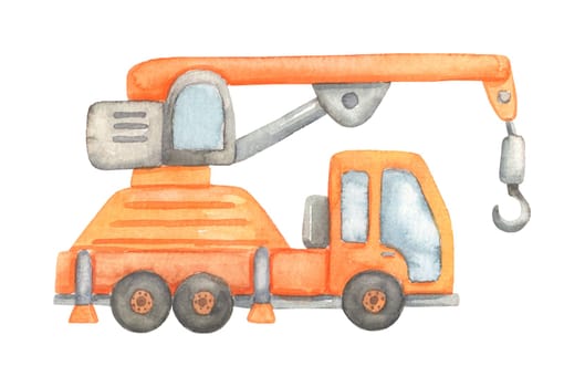 Construction truck with crane. Watercolor illustration isolated on white. Childish cute construction vehicle