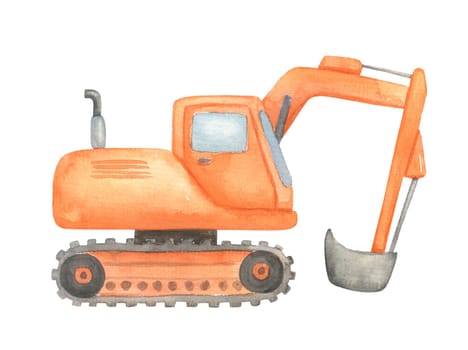 Construction excavation. Watercolor illustration isolated on white. Childish cute construction vehicle