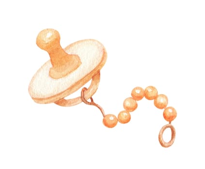 Baby pacifier. Watercolor illustration isolated on white. Nipple with wooden Boho chain. Toy of child.