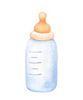 Watercolor baby milk bottle illustration isolated on white. Hand painted sketch