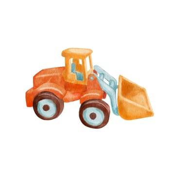 Cute childish toy excavator. Watercolor illustration isolated on white