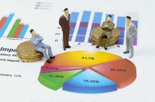 On financial charts there are miniature figures of businessmen, they sit on coins. Review the chart.