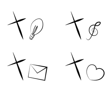 Set Christian icon Cross with different elements in line in black and white