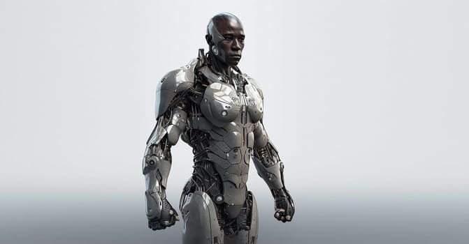 Robot, black man and future cyborg machine on isolated studio background, ai generated metal and technology abstract on mockup. Robotics, scifi and innovation of futuristic tech or sci fi engineering