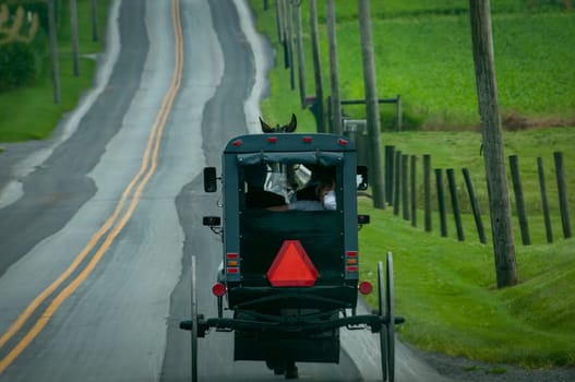 Rear View of an Amish Horse and Buggy traveling Down a Rural Road