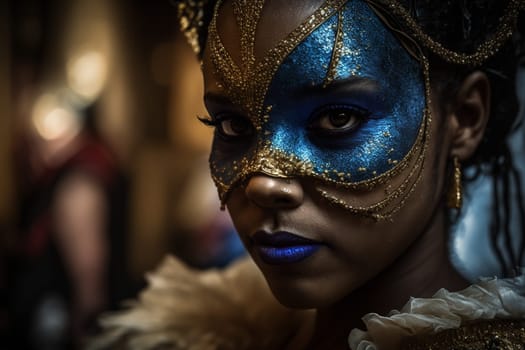 Carnival party festival mask. Colourful mardi gras beads, confetti, feathers. Popular Event in Brazil. Festive Mood.entertainment luxury Generative AI