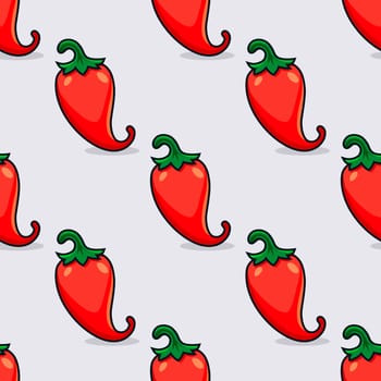 Vector Seamless Pattern with Cartoon Red Hot Chili Pepper Icon Set. KFresh Chili Hot Pepper with Outline. Design Template for Culinary Products and Recipes. Vector Illustration
