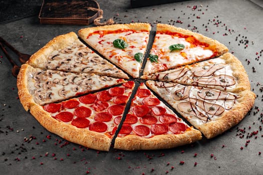 Big assorted pizza with variety of toppings