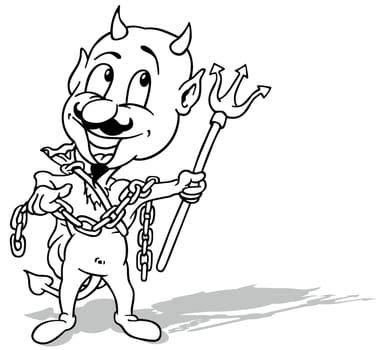 Drawing of a Cheerful Horned Devil Holding a Trident