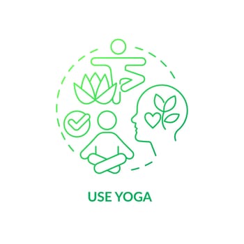 Use yoga at workplace green gradient concept icon. Time off. Physical activities and meditation. Self care abstract idea thin line illustration. Isolated outline drawing. Myriad Pro-Bold font used