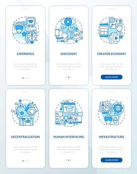 Layers of metaverse technology blue onboarding mobile app screens set