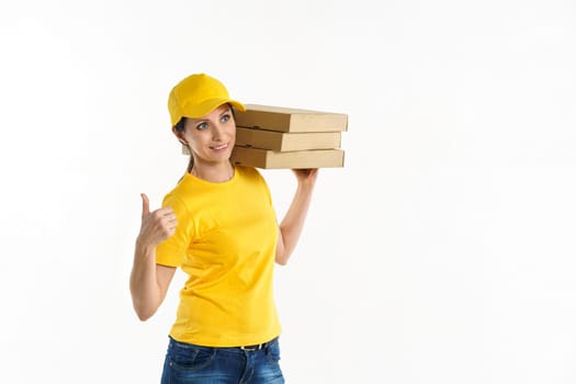 Woman delivery woman in yellow uniform on white background
