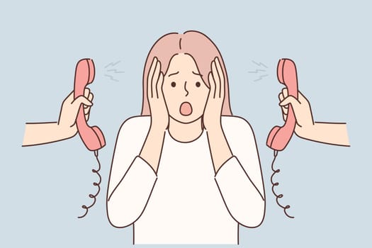 Woman clutches head is nervous about lot of phone calls and intrusive telemarketing or spam