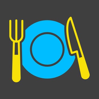 Plate, fork and knife isolated vector icon