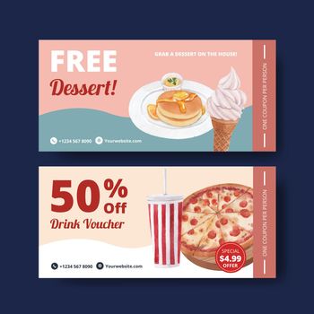Voucher template with American foods concept,watercolor style