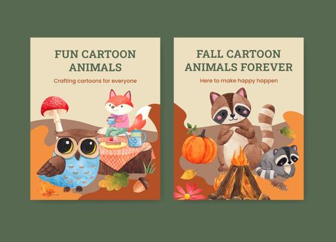 Cover book template with autumn animal concept,watercolor style
