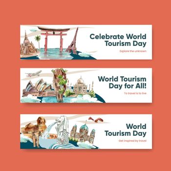 Banner template with world tourism day concept,watercolor style