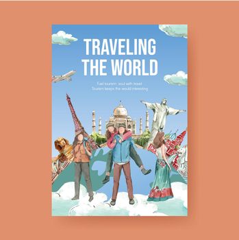 Poster template with world tourism day concept,watercolor style