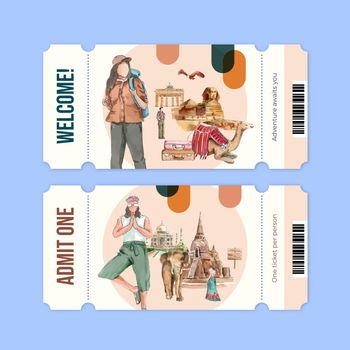 Ticket template with world tourism day concept,watercolor style