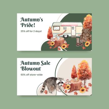Twitter template with autumn camping concept,watercolor style