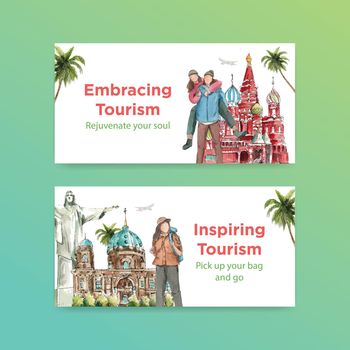 Twitter template with world tourism day concept,watercolor style