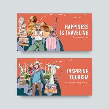 Twitter template with world tourism day concept,watercolor style