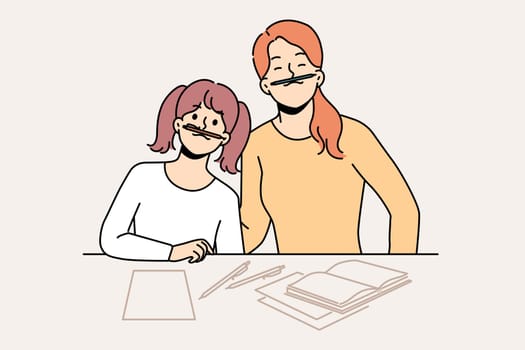Smiling mother and daughter have fun doing homework together at home. Happy mom and girl child feel playful studying for school. Vector illustration.